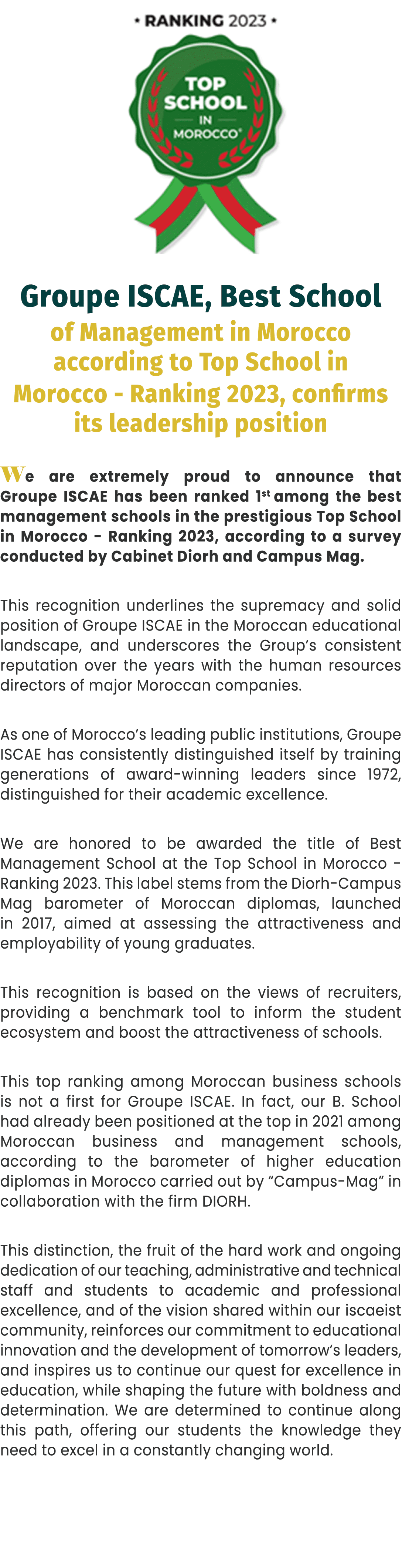 ￼ Groupe ISCAE, Best School of Management in Morocco according to Top School in Morocco Ranking 2023, confirms its le...