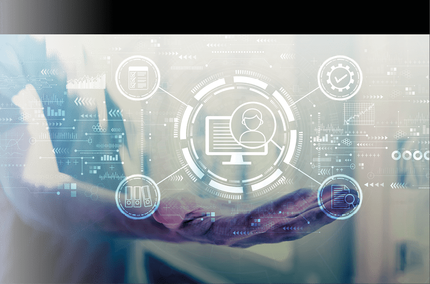 Document management system concept with young man holding his hand