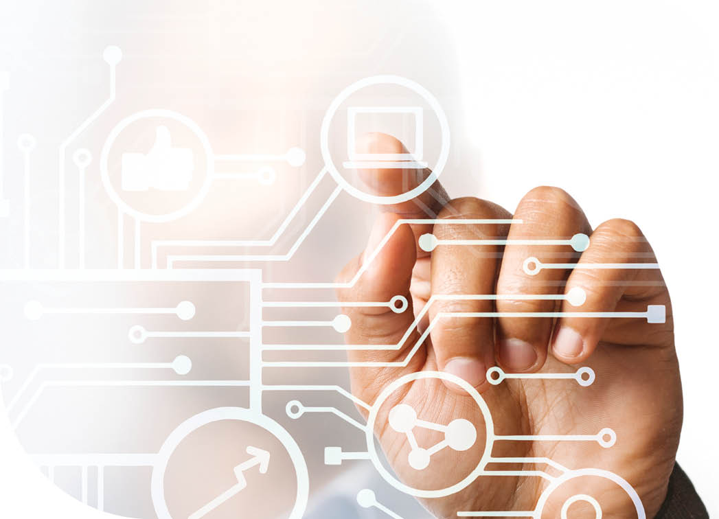 Businessman pointing at his business presentation on the high technology digital screen