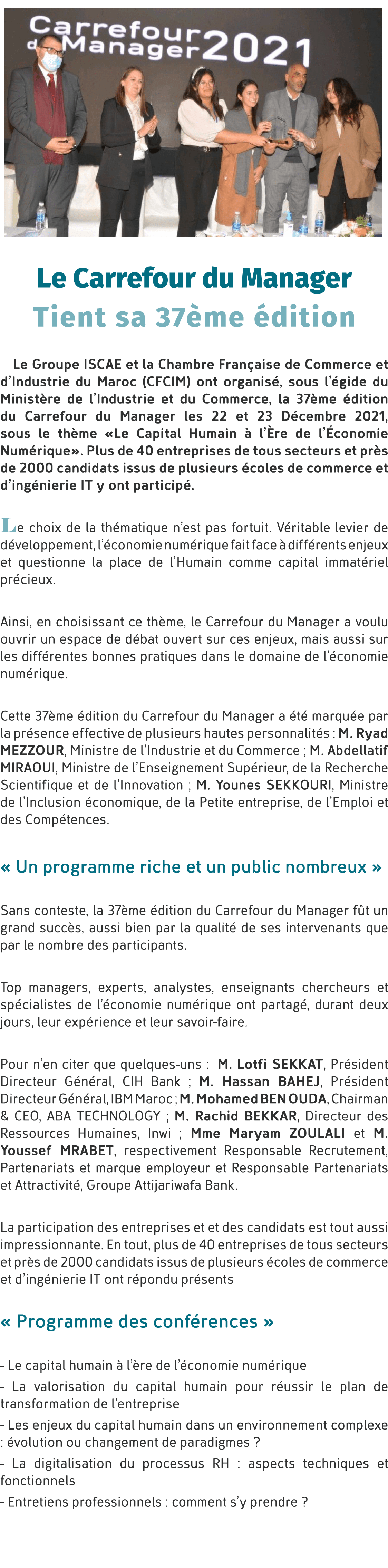 ￼ Le Carrefour du Manager Tient sa 37 me dition Le Groupe ISCAE et la Chambre Fran aise de Commerce et d’Industrie d...
