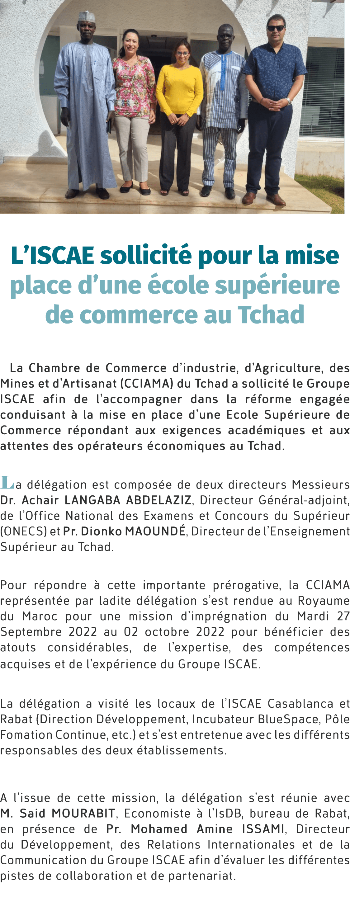 ￼ L’ISCAE sollicit pour la mise place d’une  cole sup rieure de commerce au Tchad La Chambre de Commerce d’industrie...