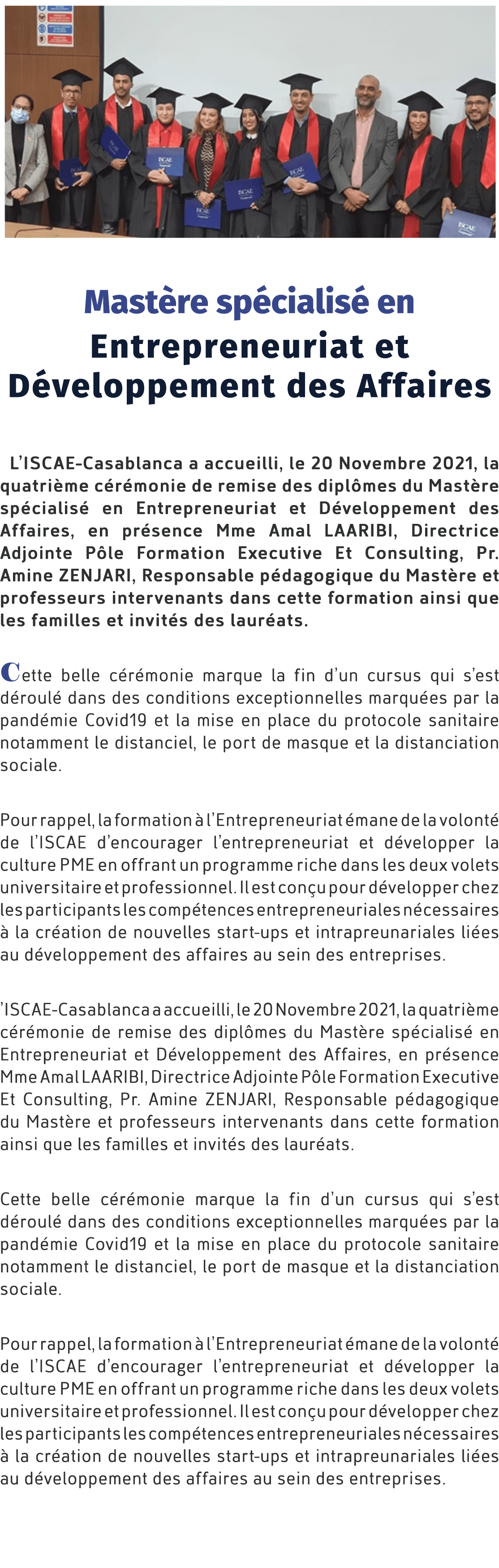 ￼ Mast re sp cialis en Entrepreneuriat et D veloppement des Affaires L’ISCAE Casablanca a accueilli, le 20 Novembre ...