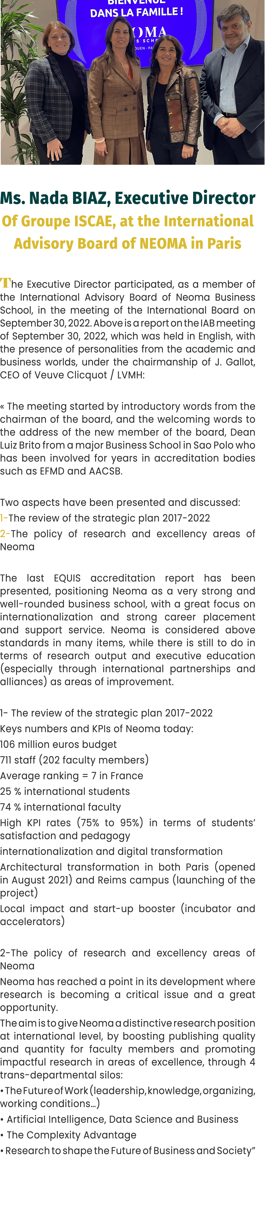 ￼ Ms. Nada BIAZ, Executive Director Of Groupe ISCAE, at the International Advisory Board of NEOMA in Paris The Execut...