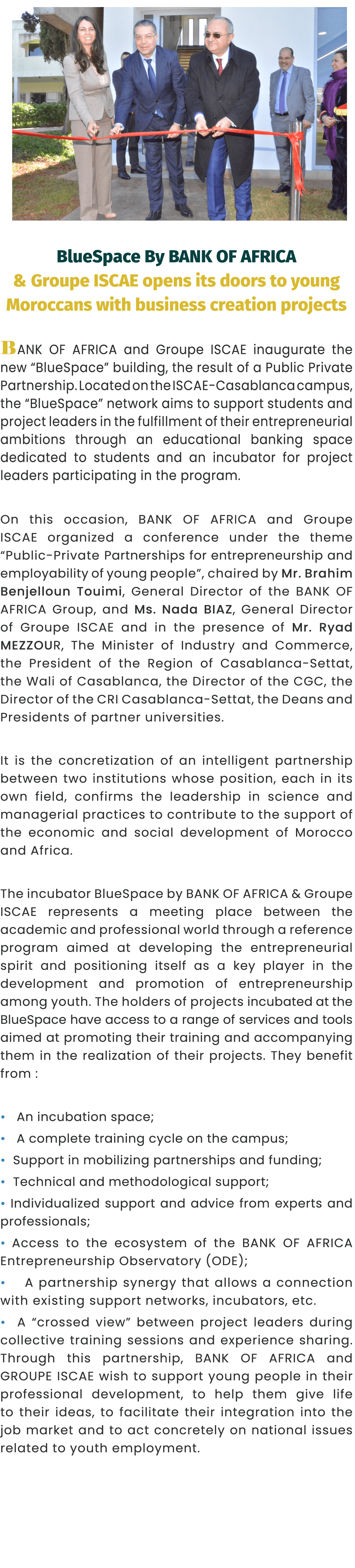 ￼ BlueSpace By BANK OF AFRICA & Groupe ISCAE opens its doors to young Moroccans with business creation projects BANK ...