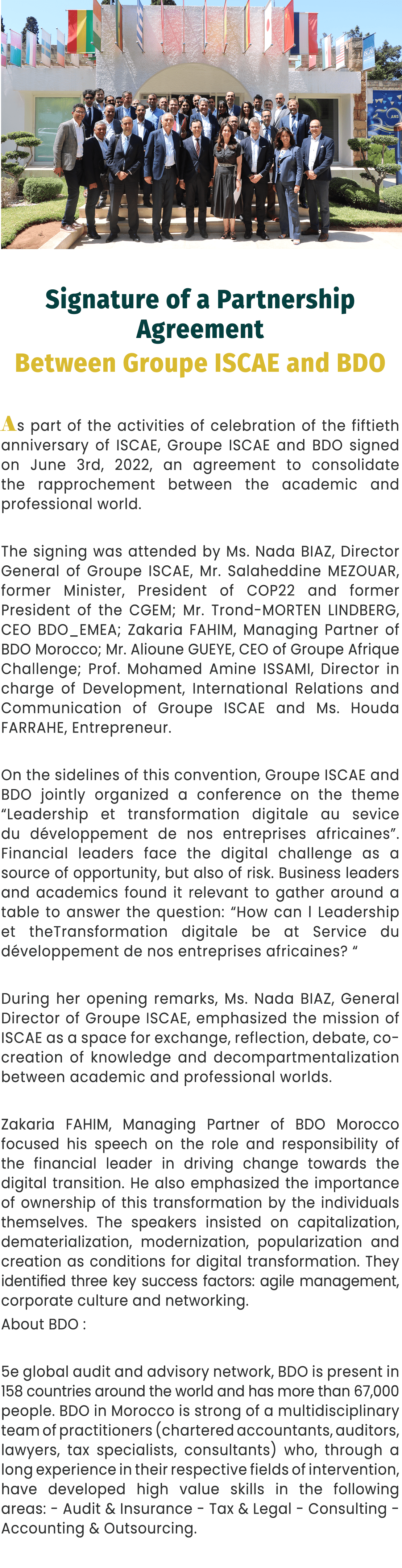 ￼ Signature of a Partnership Agreement Between Groupe ISCAE and BDO As part of the activities of celebration of the f...